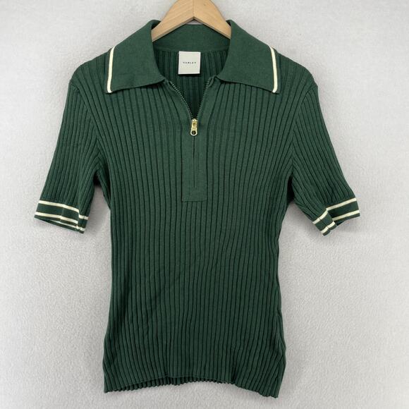 Varley Sweaters - VARLEY Napier Sweater M Fitted Polo 1/4 Zip Ribbed Cotton Blend Green